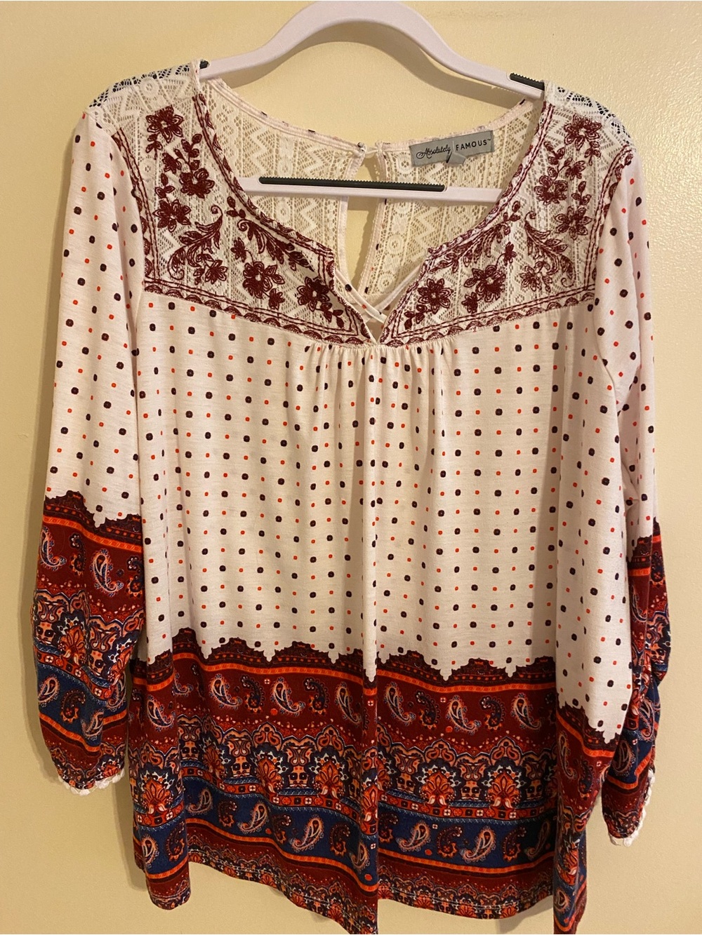 Absolutely Famous Cream Peasant Blouse with Burgundy and Navy Accents